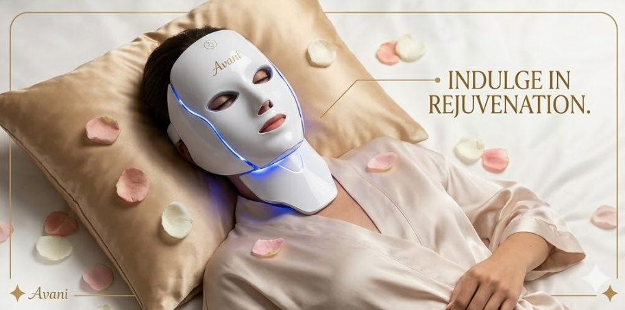 Woman using the Avani Lumière LED face mask at home