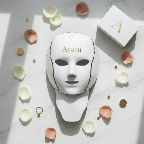 Avani Lumière 7-in-1 LED Photon Therapy Face and Neck Mask, flat lay product shot