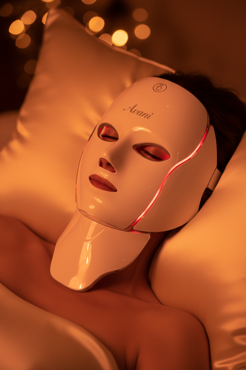 Avani Lumière LED mask lifestyle shot on skincare vanity
